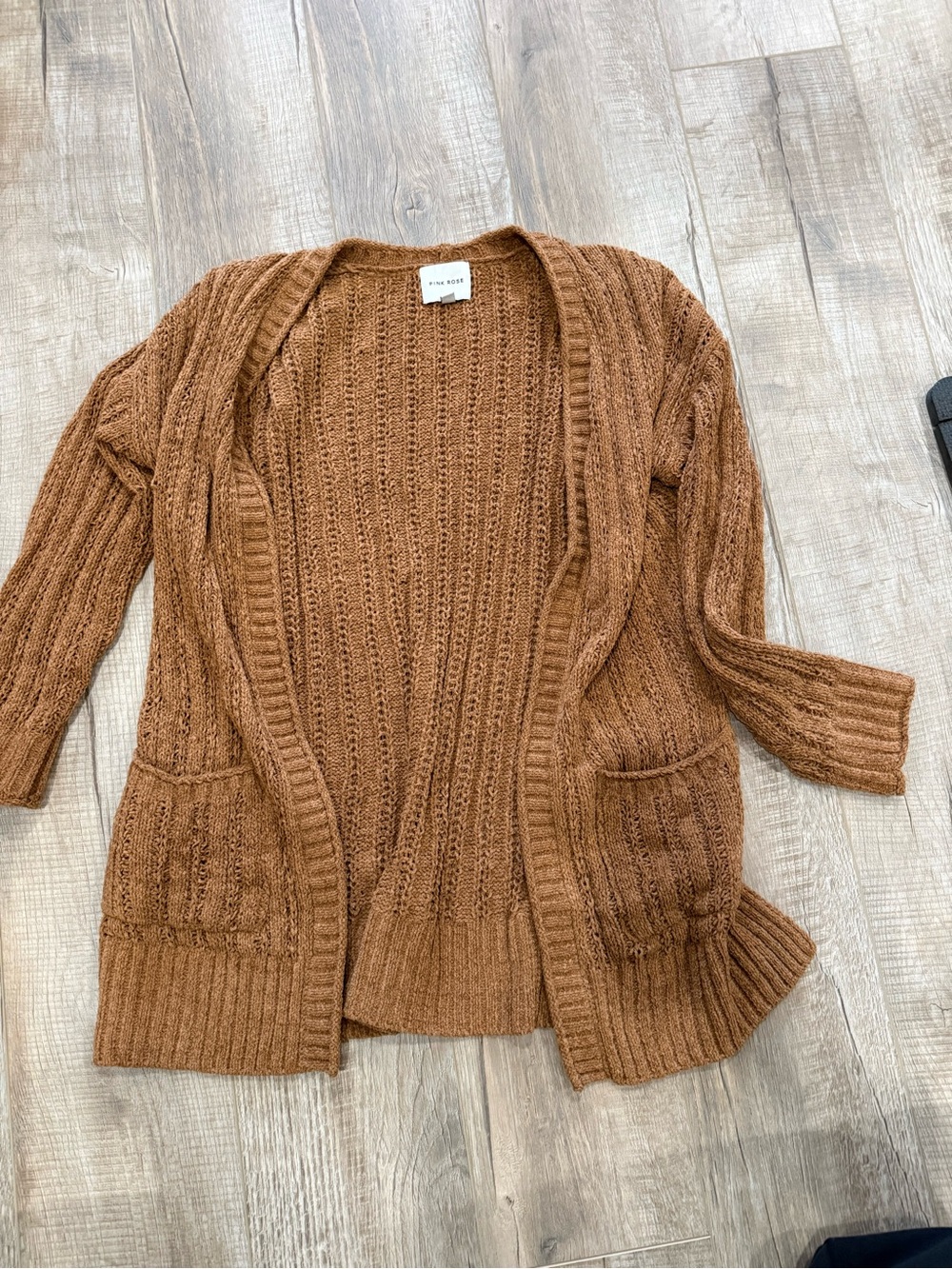 Pink Rose Open-Front Knit Cardigan - Camel